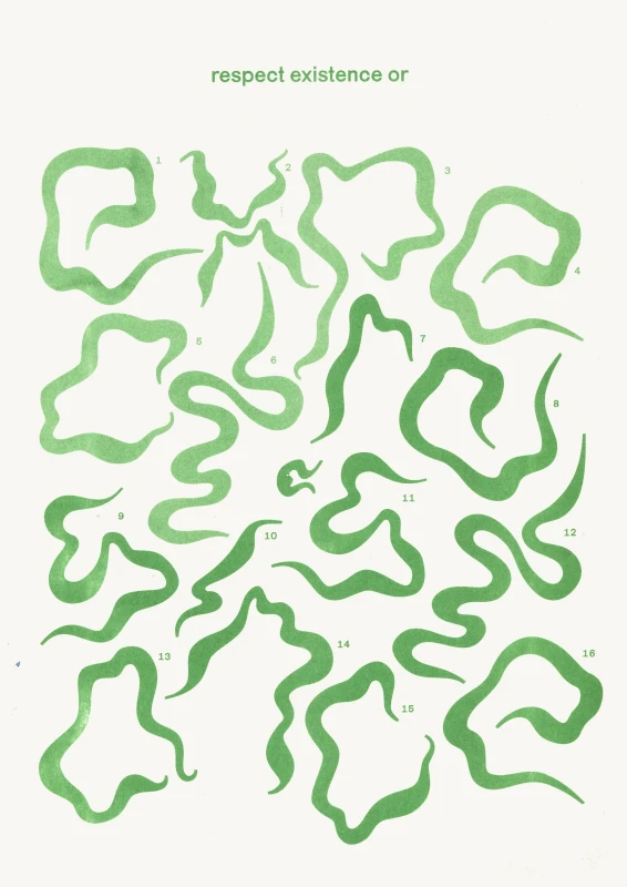 poster with green text, a scrambled organic typeface is used to write the second part of the title, 