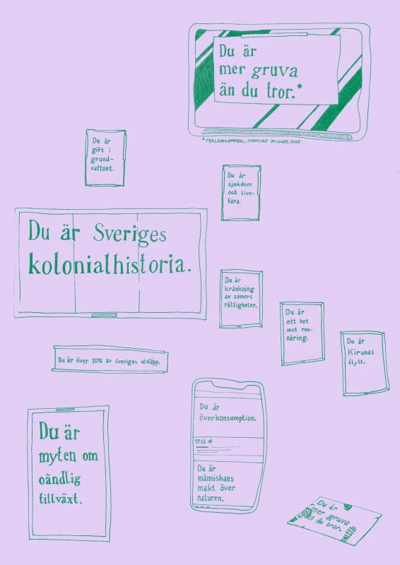 a collection of different illustrated subway ads, criticising the swedish mining lobby.