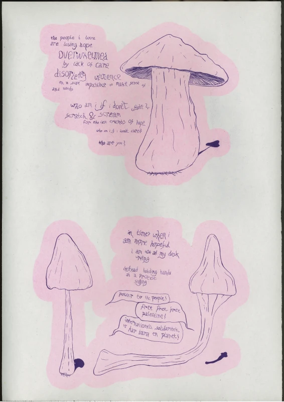 two squiggly mushrooms and a text about the dispair and hope of protest and chaos.