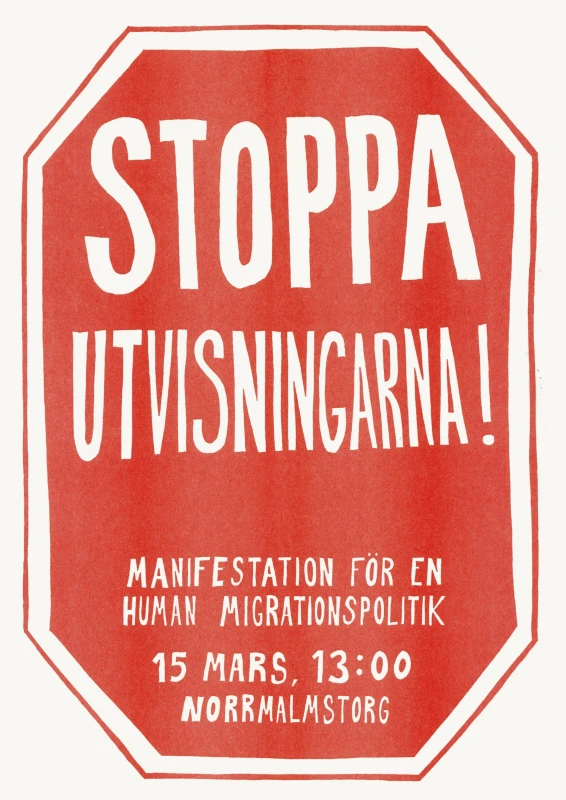 a big red stop sign is the frame for the announcement text for a demonstration against deportations.