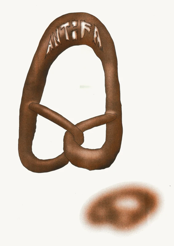 a scraggly floating pretzel, with the spiky text 