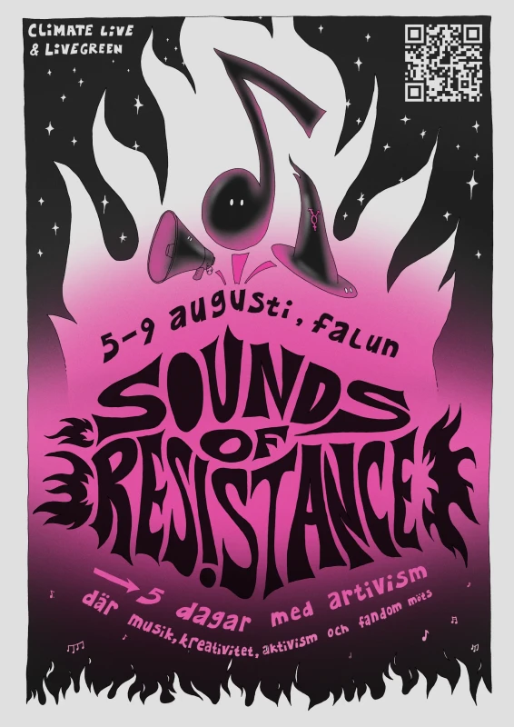 lots of flames, the central characters are expressive typography of the title, and a megaphone, a music note, and a witch's hat, all with eyes. starts fill up the background.