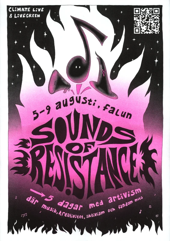 lots of flames, the central characters are expressive typography of the title, and a megaphone, a music note, and a witch's hat, all with eyes. starts fill up the background.