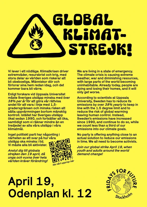 strike announcement poster, with a big warning triangle surrounding a burning earth.
