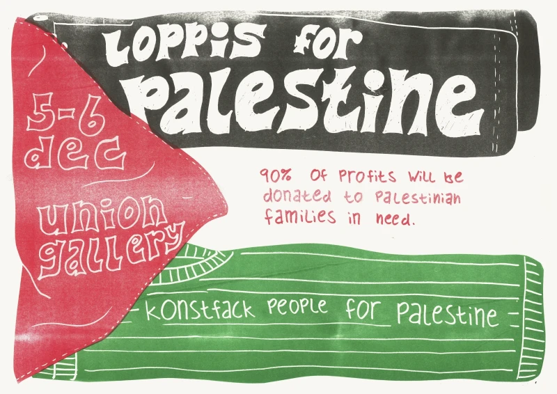 several illustrated pieces of clothing form the palestinian flag. handwritten text on top.