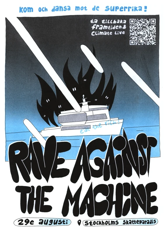 event poster for a rave using rounded, but pointy and jagged hand-lettered typography. An illustration of a burning superyacht with graffiti saying “eat the rich!” on the hull. the flames have eyes.