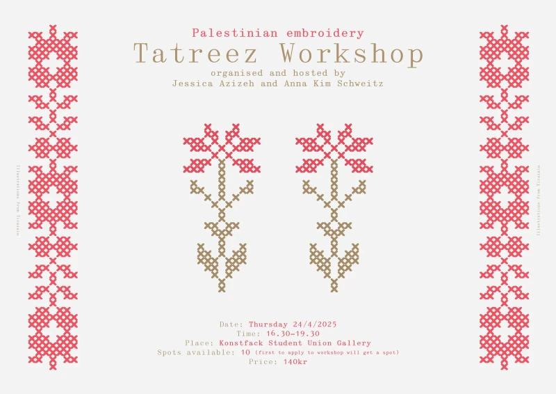 two embroidered flowers sit in the center of the poster.