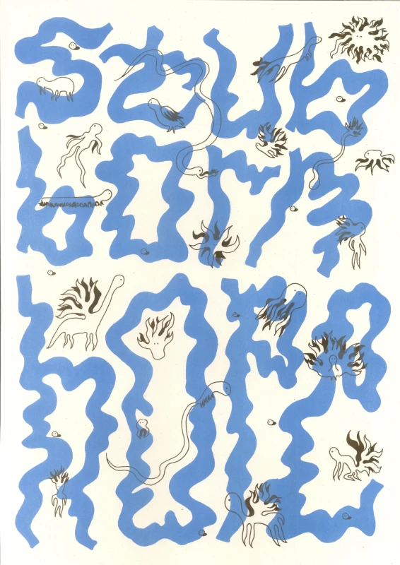 the title fills up the whole page, in three rows. behind it, we see many small flaming creatures, as line drawings.