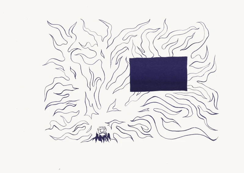 a small face, wearing a face mask, with large flaming hair going all over the page. a small dark rectangle covers part of the page.