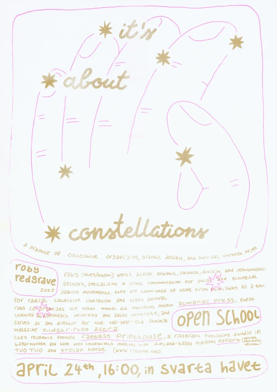 a large hand, surrounded by small gold stars fills the top half of the poster. explanations about the event are hand-written in the bottom half.