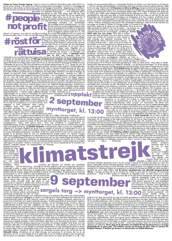 a white poster with small black text in two columns, and larger text on top, announcing the demonstration.