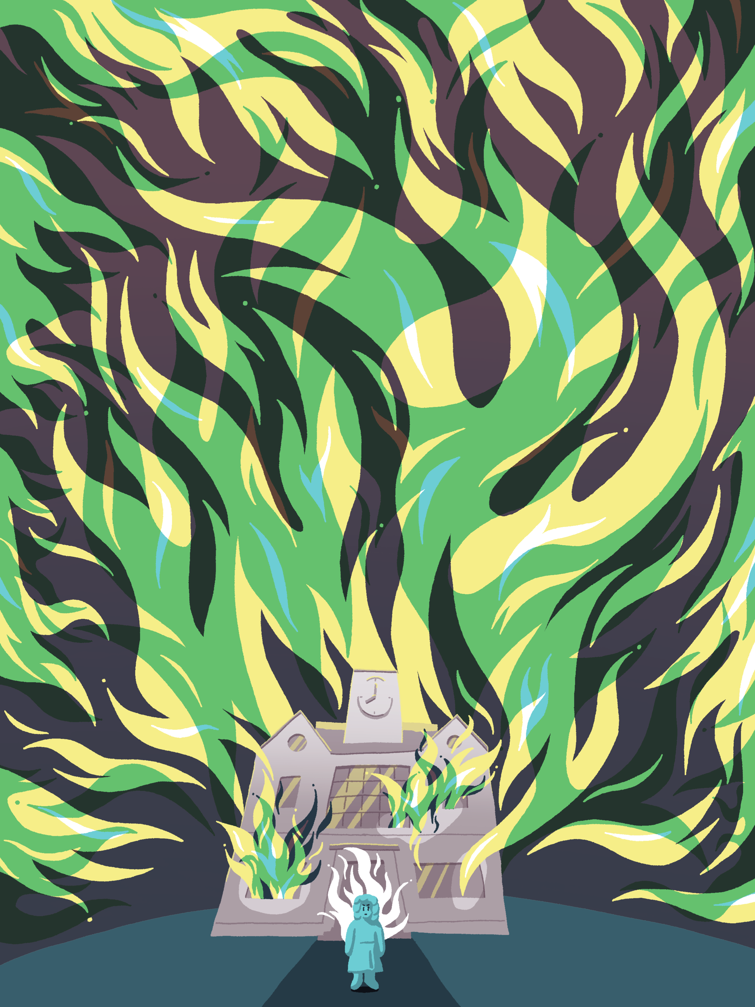 illustration of an angry child with a flaming aura standing in front of a burning girls' school.