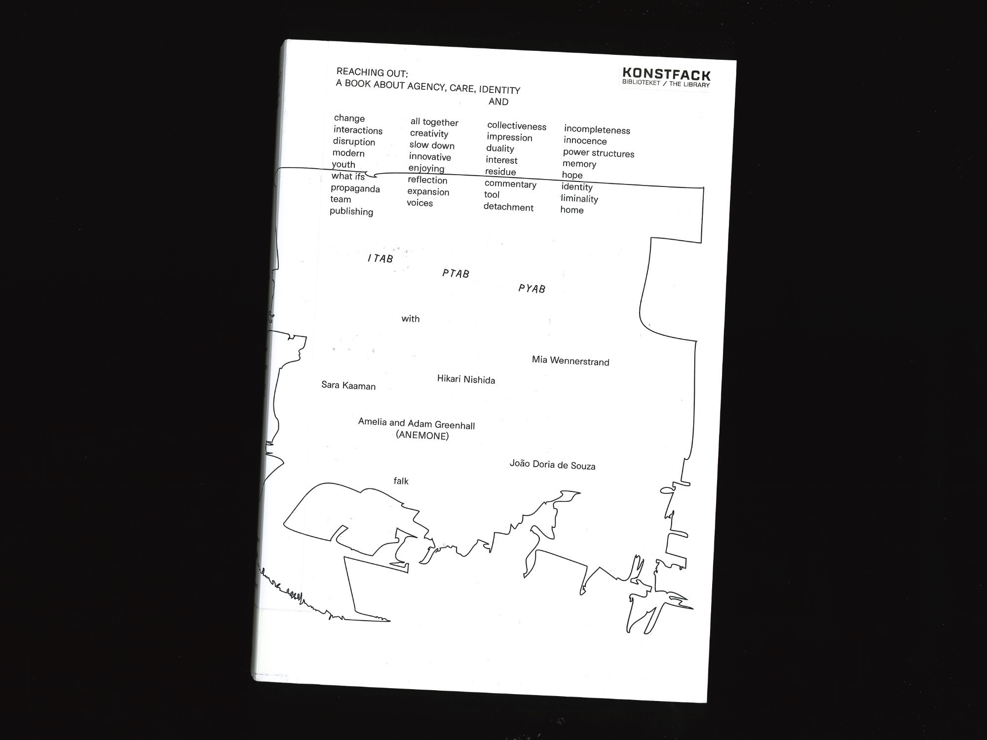 a scan of the cover of the book. it is white with small black text, and an abstract black line in the background.