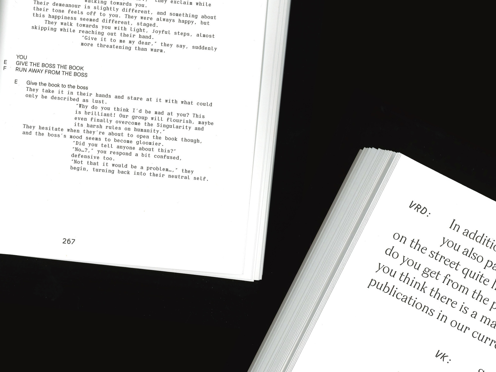 to exerpts from the book, showing the use of my typefaces madleen text and A MONO.