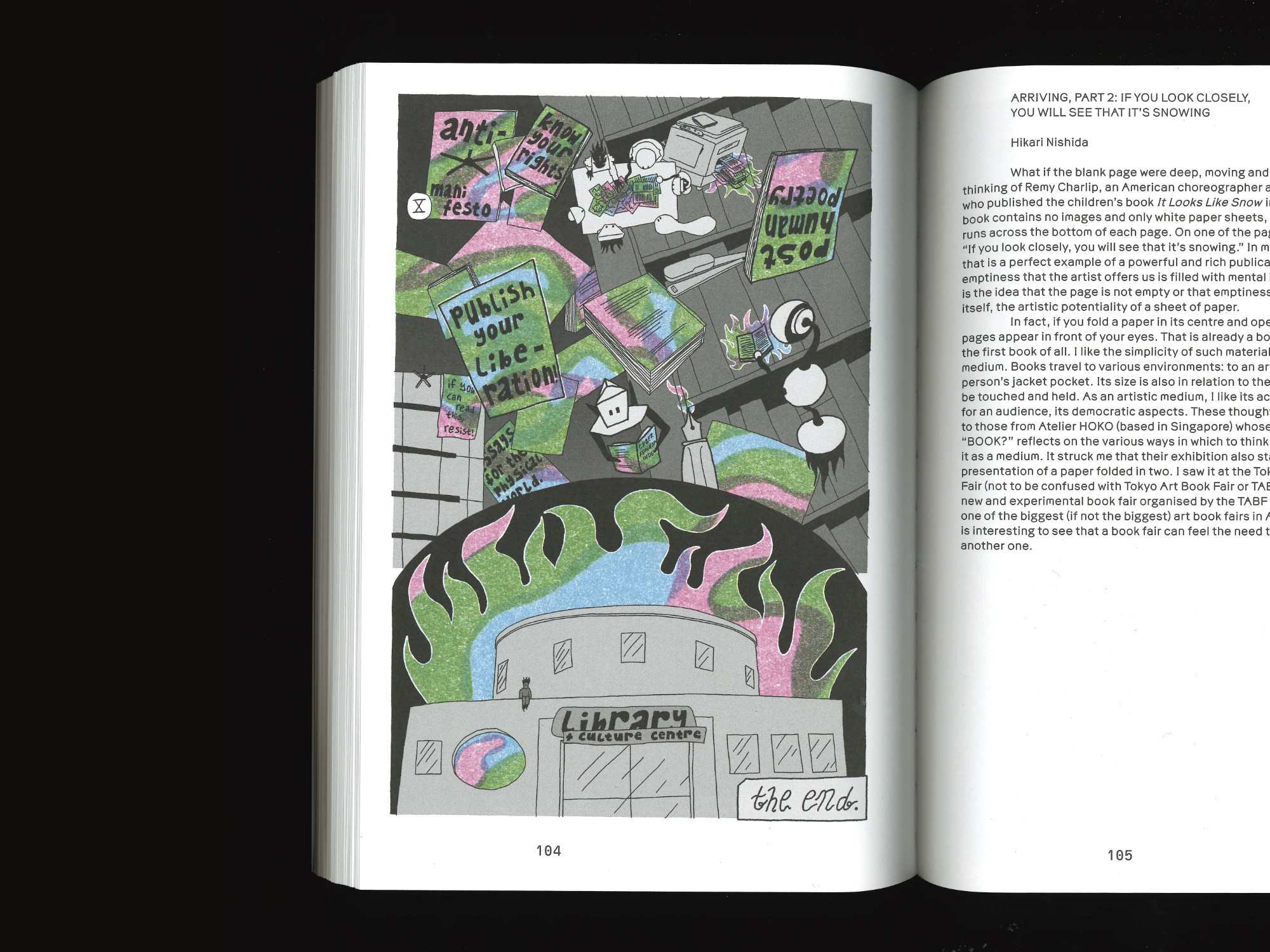 we see the group designing, printing and reading books, zines and posters together, on the themes of resistance and liberation. the final show is our main character sitting on the roof of the library, that is now also a culture centre. the whole building is glowing. the end.