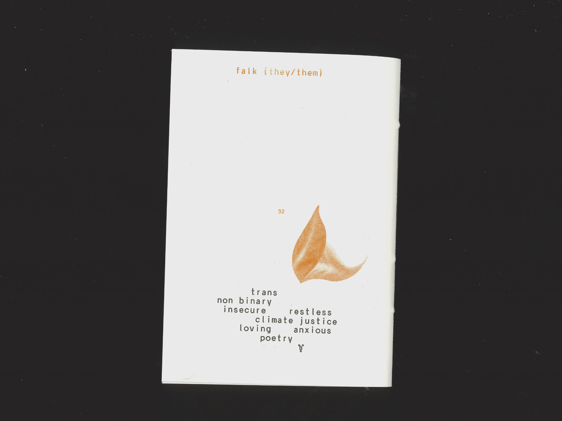 scan of back cover: “falk (they/them)trans, non binary, insecure, restless, climate justice, loving, anxious poetry (trans symbol)” a drawing of an orange leaf in the middle of the page