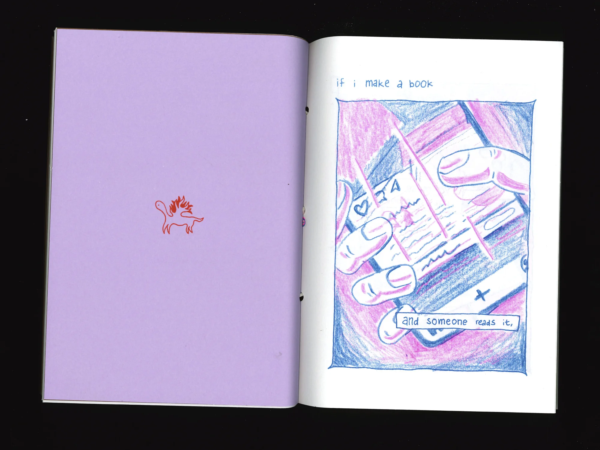 spread showing the start of the final comic "selfish publishing".