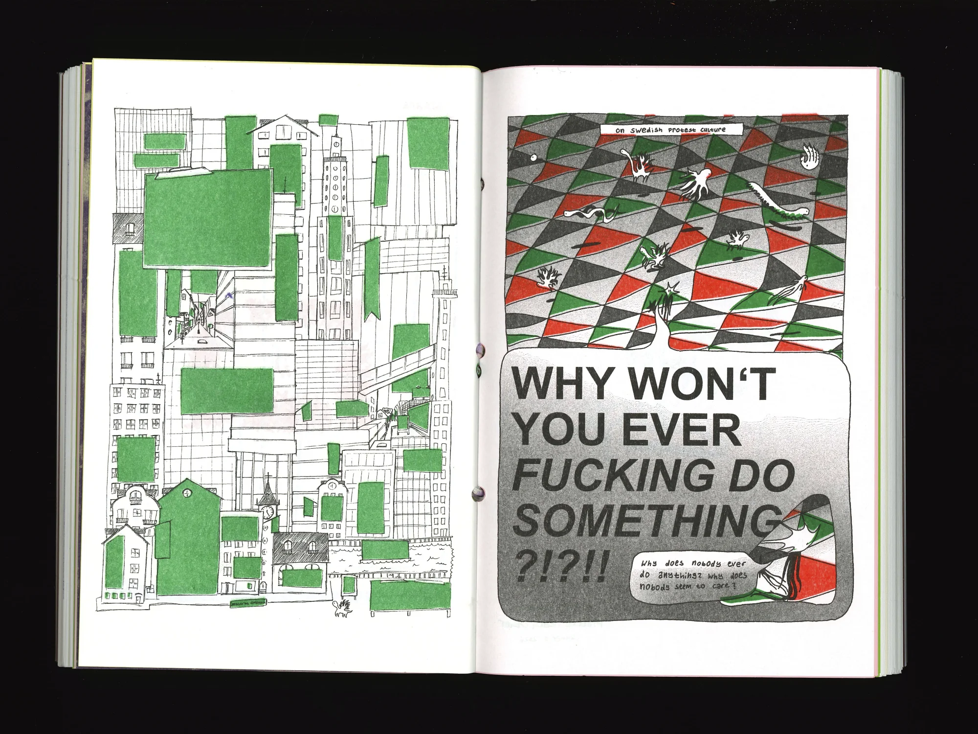 spread with two single-page works about advertisement and inaction.
