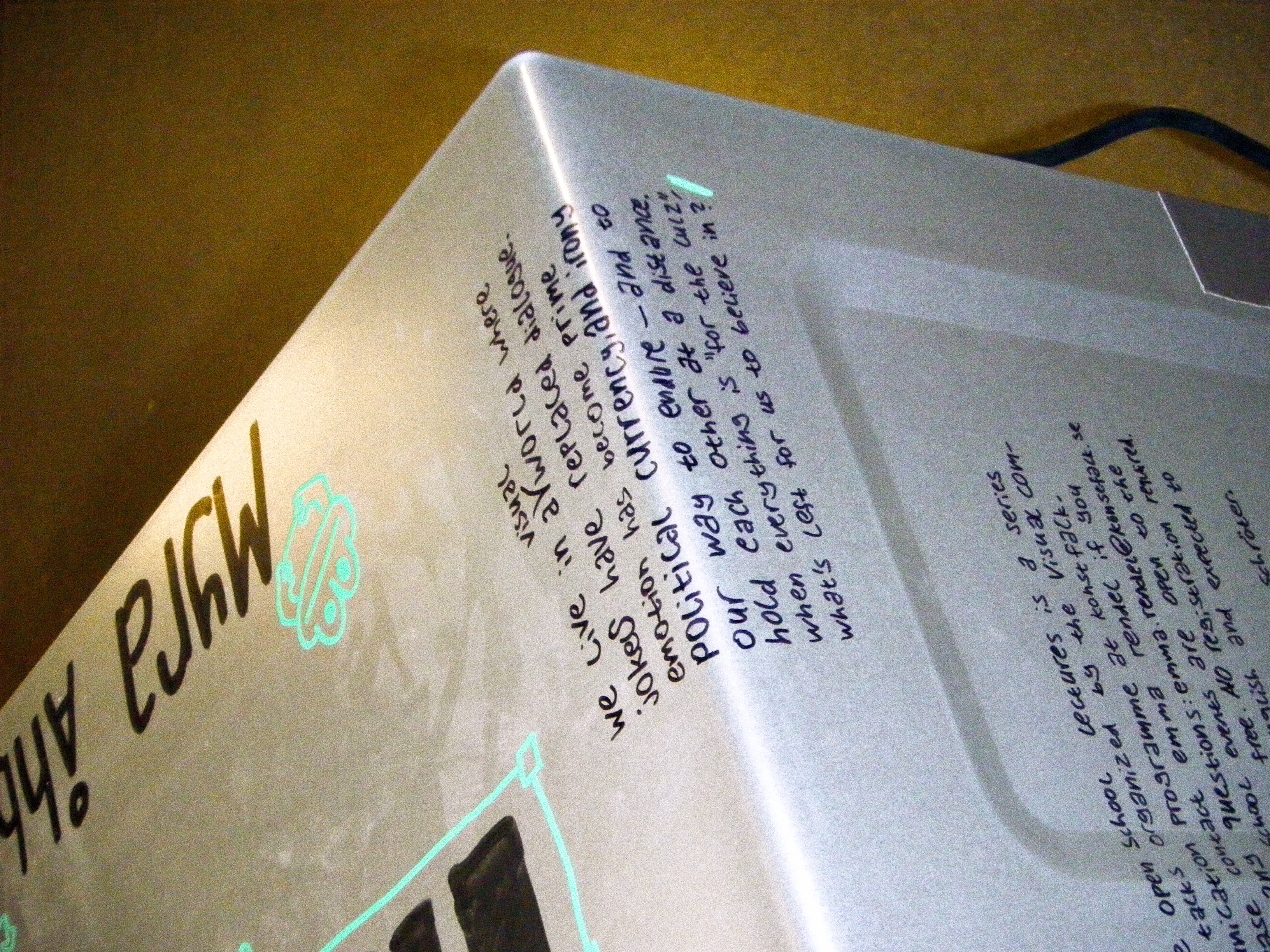 closeup of some descriptive text on the microwave. the text is handwritten and chaotic with some visible mistakes.