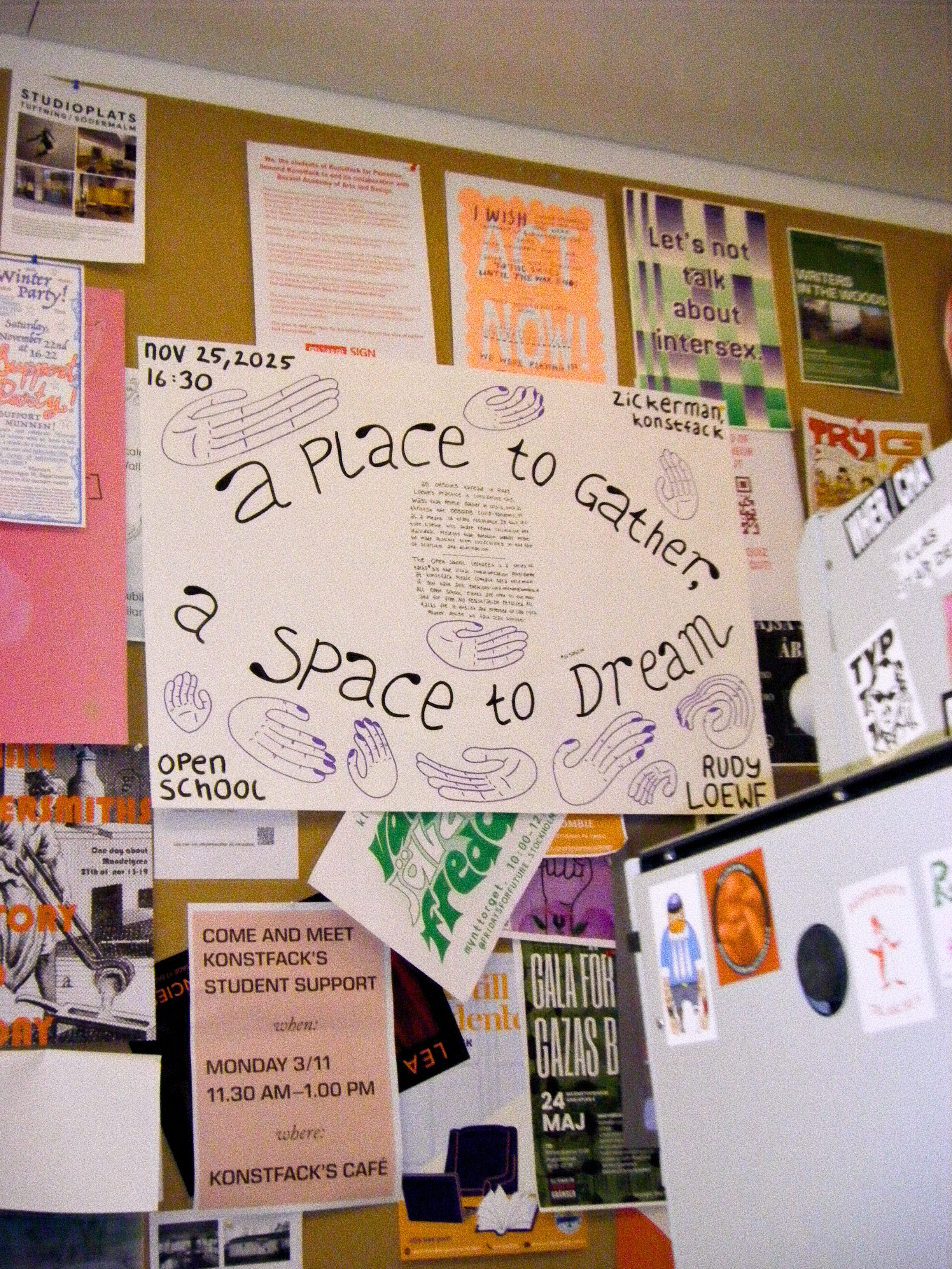 a large hand-drawn poster, announcing rudy loewe's talk "a place to gather, a space to dream" caring hands are scattered throughout the poster, the text forms the shape of an eye.